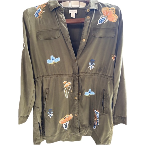 Chico's MWomen's Playful Anorak Jacket Embroidered Olive Green Drawstring Chico2 - Picture 2 of 8